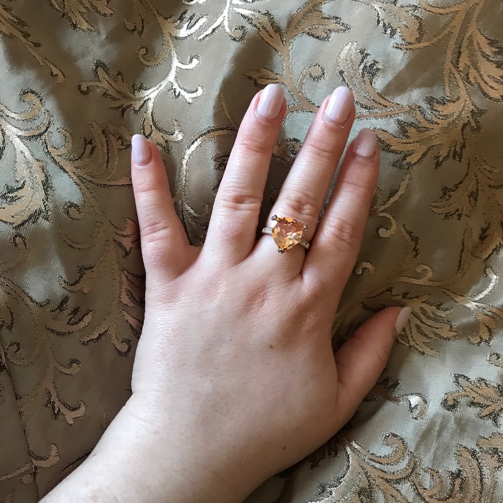 Silver Trillion Shape Peach Rhinestone Ring